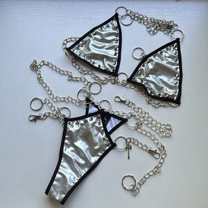 Goth Punk Medieval Studded Silver and Black Chain Triangle Bikini with Chain